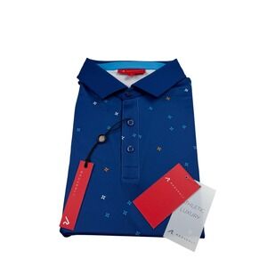 REDVANLY Savile Polo Mens Large Mazarine Blue Floral‎ Geometric Golf Shirt R2419